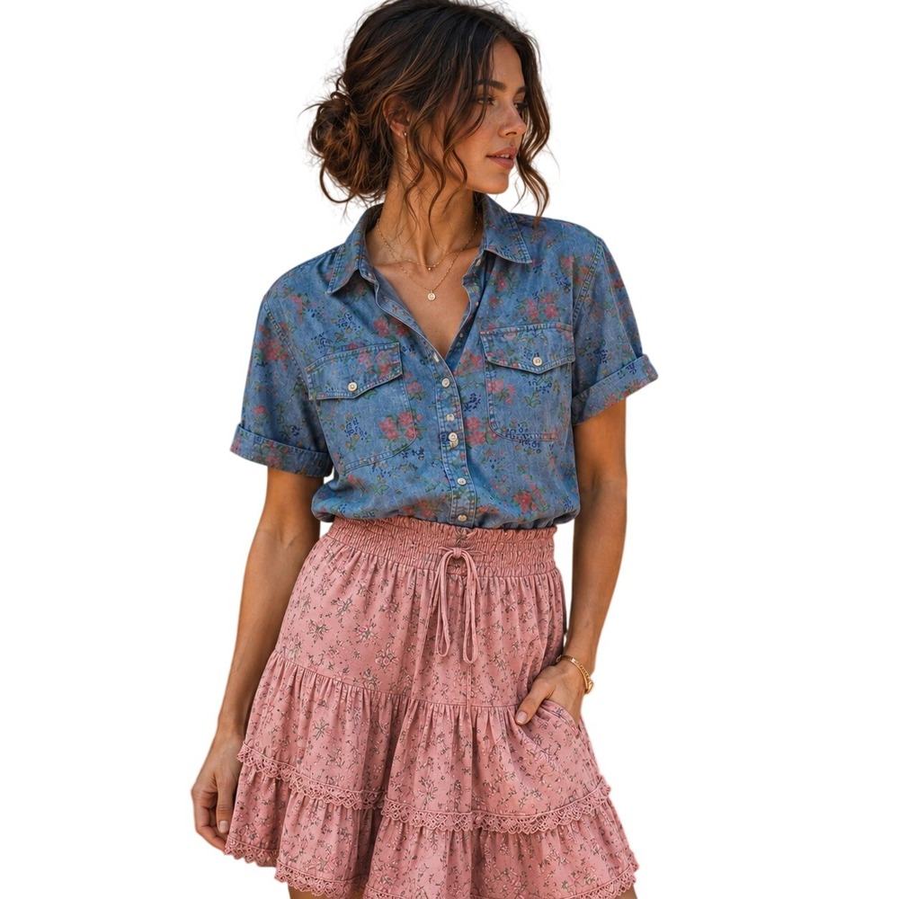 Vtg 90s Mainstreet Blues Floral Denim Button Up Shirt Womens‎ 1X Romantic